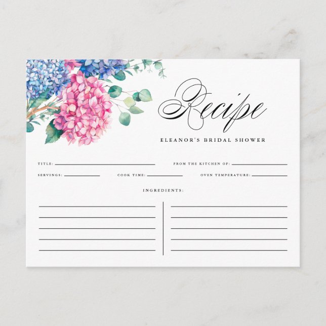 Blue and Pink Hydrangeas Bridal Shower Recipe Card (Front)