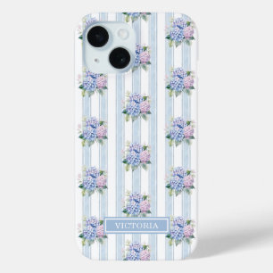 Blue and Pink Hydrangeas Monogrammed iPhone 15 Case
