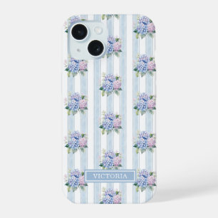 Blue and Pink Hydrangeas Monogrammed iPhone 15 Case