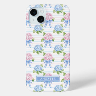 Blue and Pink Hydrangeas Striped iPhone 15 Mini Case