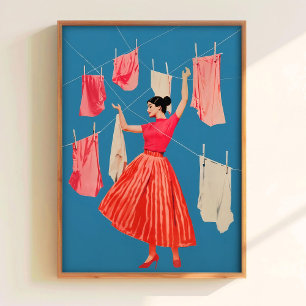 Blue and Pink Laundry Print Retro Bathroom Wall Ar