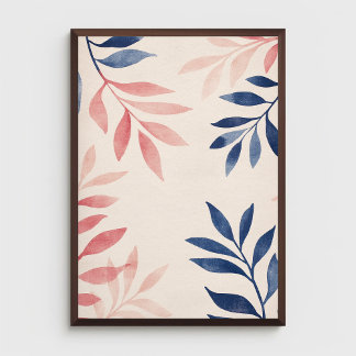 Blue and Pink Leaves Pattern on Pastel Pink Poster