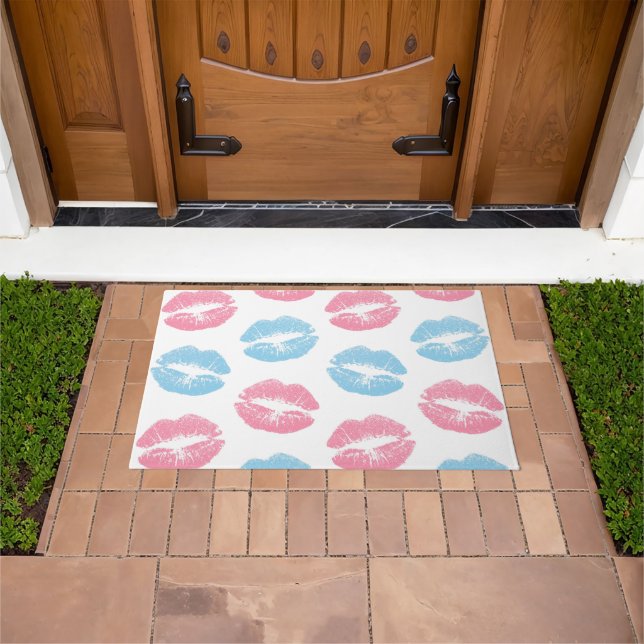 Blue and Pink Lips Pattern, Lipstick, Kiss Doormat (Outdoor)