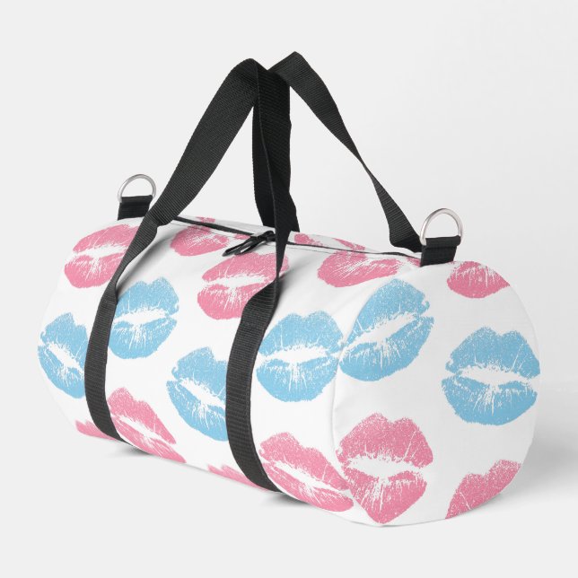 Blue and Pink Lips Pattern, Lipstick, Kiss Duffle Bag (Left Corner)