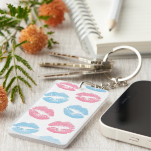 Blue and Pink Lips Pattern, Lipstick, Kiss Key Ring