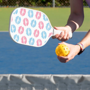 Blue and Pink Lips Pattern, Lipstick, Kiss Pickleball Paddle