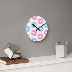 Blue and Pink Lips Pattern, Lipstick, Kiss Round Clock