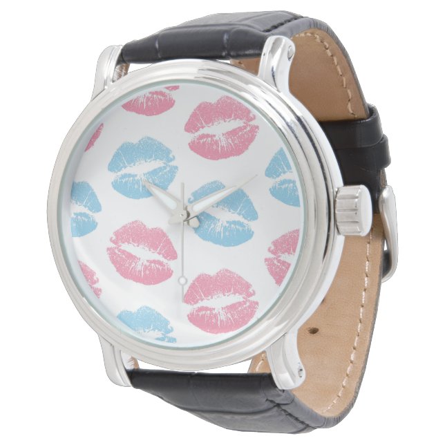 Blue and Pink Lips Pattern, Lipstick, Kiss Watch (Angled)