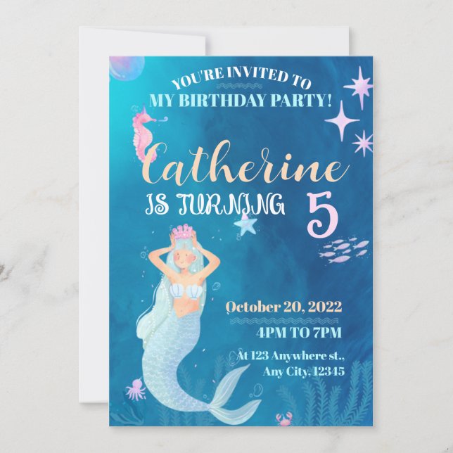 Blue and Pink Mermaid Birthday Invitation (Front)