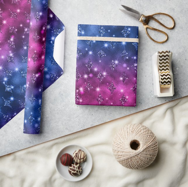Blue and Pink Ombre Glitter Celestial Pattern Wrapping Paper (Crafts)