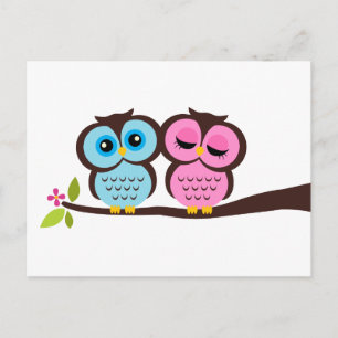 Blue and Pink Owls Wedding Invitation Postcard