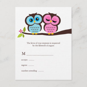Blue and Pink Owls Wedding RSVP Card