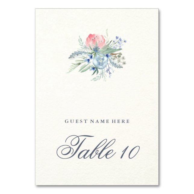 Blue and Pink Peonies Wedding Escort Card (Front)