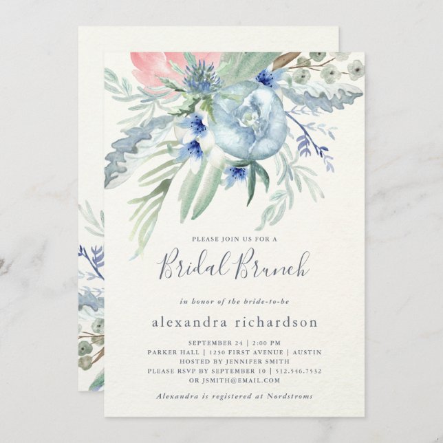 Blue and Pink Peony Bridal Brunch Invitation (Front/Back)