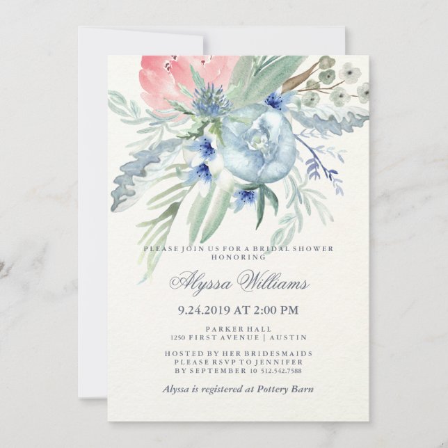 Blue and Pink Peony Watercolor Bridal Shower Invitation (Front)