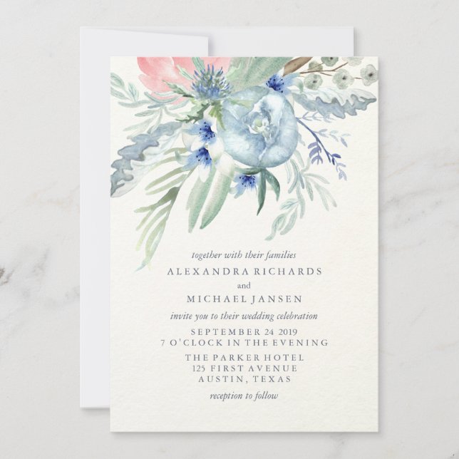 Blue and Pink Peony Watercolor Wedding Invitation (Front)