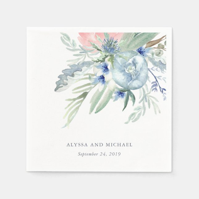 Blue and Pink Peony Watercolor Wedding Napkin (Front)