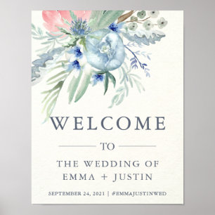Blue and Pink Peony Watercolor Wedding Welcome Poster