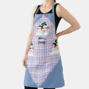 Blue and Pink Plaid and Snow People Christmas Apron