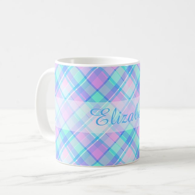 Blue and Pink Plaid Personalised Coffee Mug (Front Left)