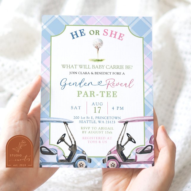 Blue and Pink Preppy Golf Gender Reveal Invitation (Creator Uploaded)