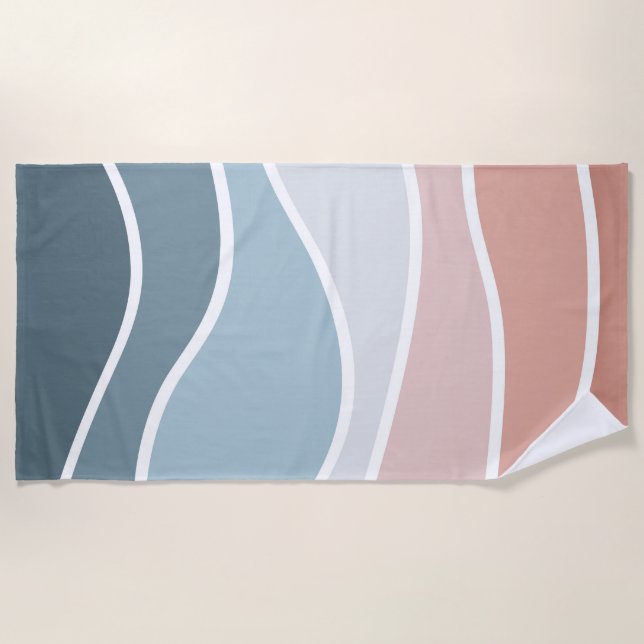 Blue and pink retro style waves design beach towel (Front)