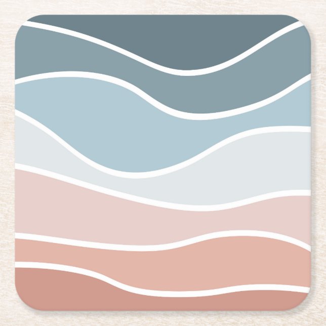 Blue and pink retro style waves design square paper coaster (Front)