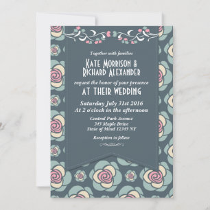 Blue and Pink Rose Wedding Invitation