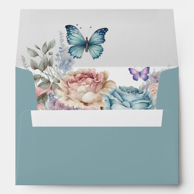 Blue and Pink Roses and Blue butterflies  Envelope (Back (Bottom))
