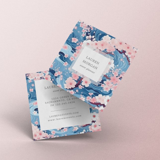 Blue And Pink Sakura Flowers Square Business Card (Creator Uploaded)