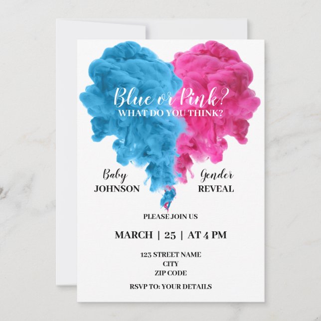 Blue and pink smoke gender reveal invitation (Front)