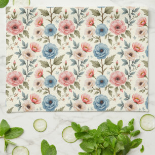 Blue and Pink Spring Floral Fantasy Tea Towel