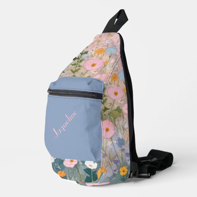 Blue and Pink Spring Meadows Background Sling Bag (Right Corner)