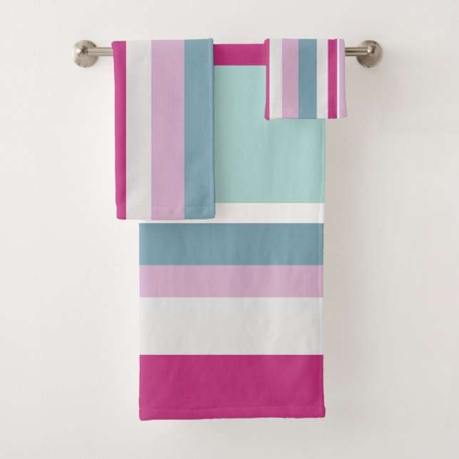 Blue and pink stripes bath towel set (Insitu)