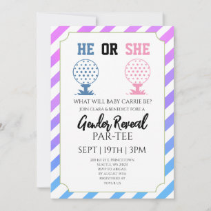 Blue And Pink Stripes Golf Gender Reveal Party Invitation