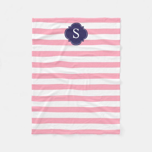 Blue and Pink Stripes Monogram Fleece Blanket (Front)