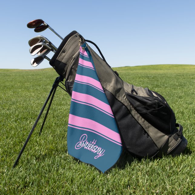 Blue and Pink  Stripes Pattern Personalised  Golf Towel (Green)