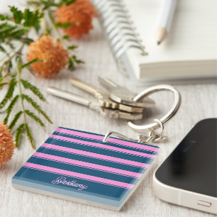 Blue and Pink Stripes Pattern Personalised Key Ring