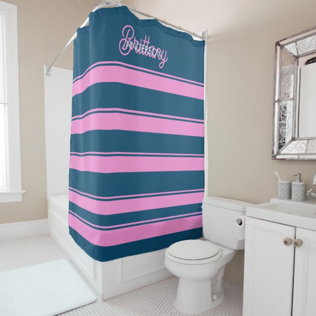 Blue and Pink  Stripes Pattern Personalised  Shower Curtain (In Situ)