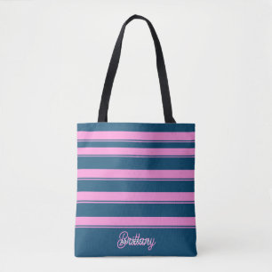 Blue and Pink  Stripes Pattern Personalised  Tote Bag