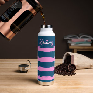 Blue and Pink Stripes Pattern Personalised Water Bottle