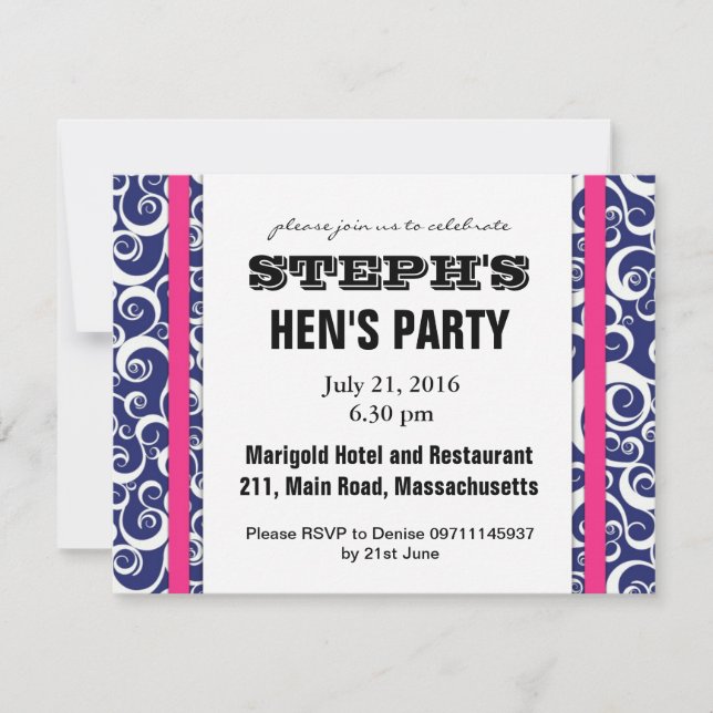 Blue and Pink Swirl Hen Party Invite (Front)
