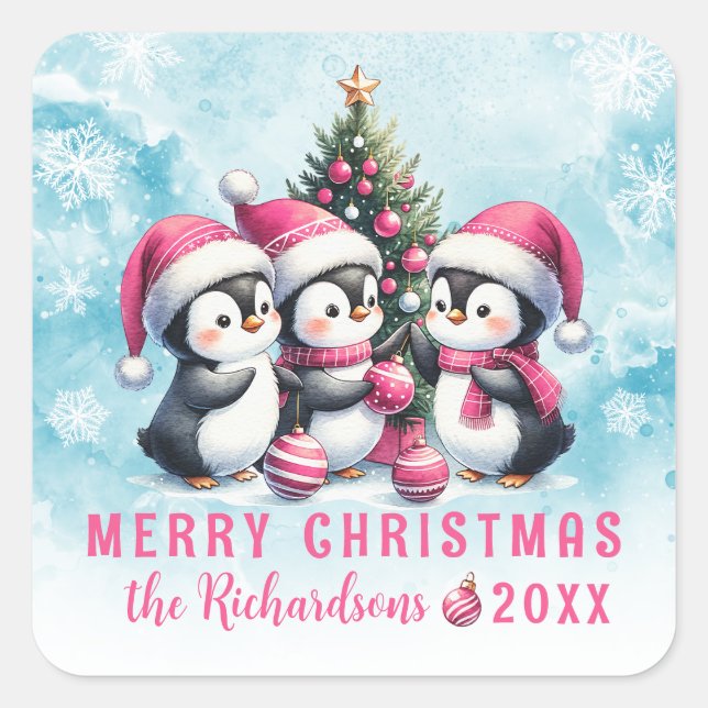 Blue and Pink Three Fun Penguins Merry Christmas Square Sticker (Front)