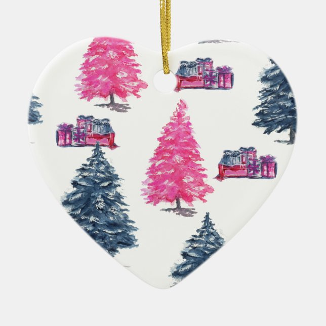 Blue and Pink Trees and Gifts Ceramic Tree Decoration (Front)