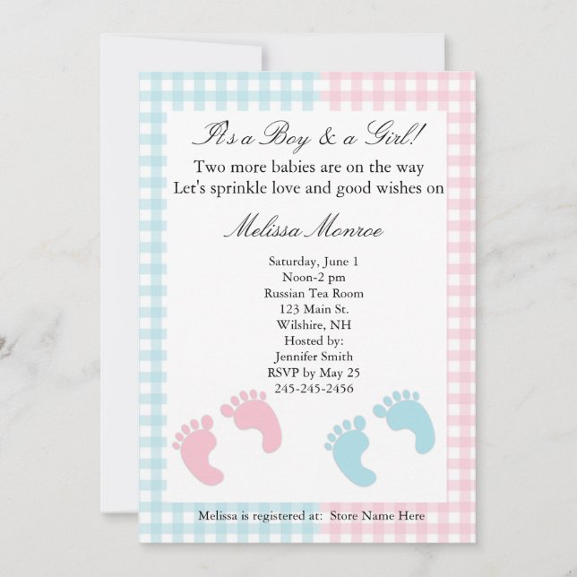 Blue and Pink Twins Sprinkle Shower Invitation (Front)