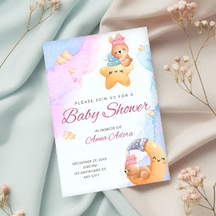 Blue And Pink Watercolor Baby Shower Invitation