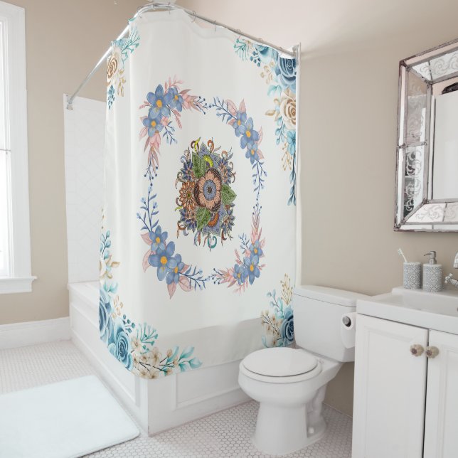 Blue and Pink Watercolor Floral Art Shower Curtain (In Situ)