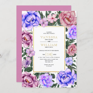 Blue and pink watercolor flowers spring wedding invitation