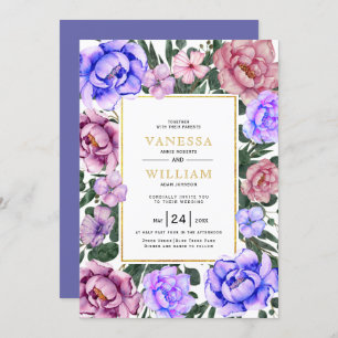 Blue and pink watercolor flowers wedding invitatio invitation