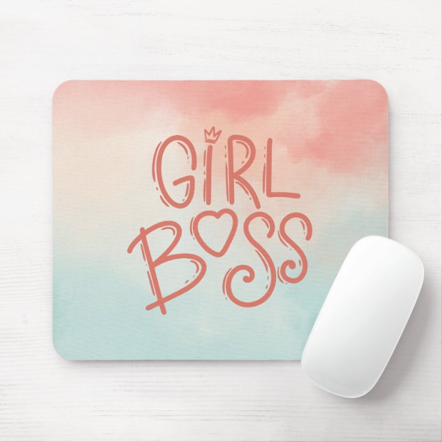 Blue and Pink Watercolor Girl Boss Mouse Pad (With Mouse)